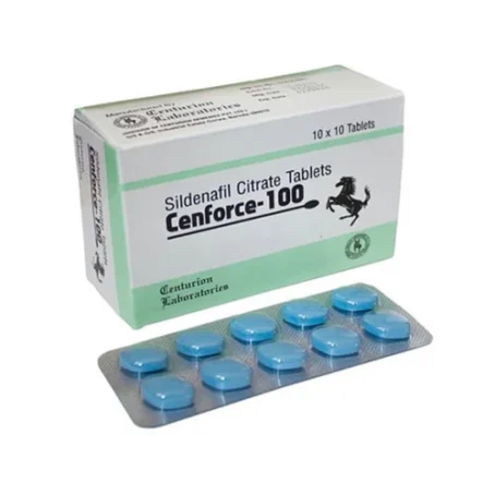 Cenforce 100mg productafbeelding met wit-groene verpakking en strip van tien blauwe pillen uit de verpakking - Sildenafil - Erectie-goedkoop.com