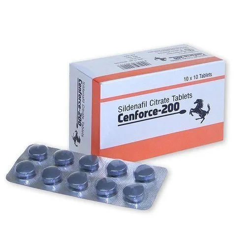 Cenforce 200mg productafbeelding met wit-oranje verpakking en strip van tien blauwe pillen uit de verpakking - Sildenafil - Erectie-goedkoop.com