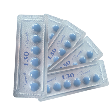Cobra 130mg productafbeelding met vijf blauw-grijze strips van zes blauwe pillen - Sildenafil - Erectie-goedkoop.com