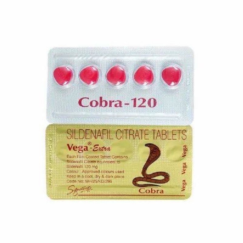 Cobra 120mg productafbeelding met goud-rode verpakking en strip van vijf rode pillen uit de verpakking - Sildenafil - Erectie-goedkoop.com