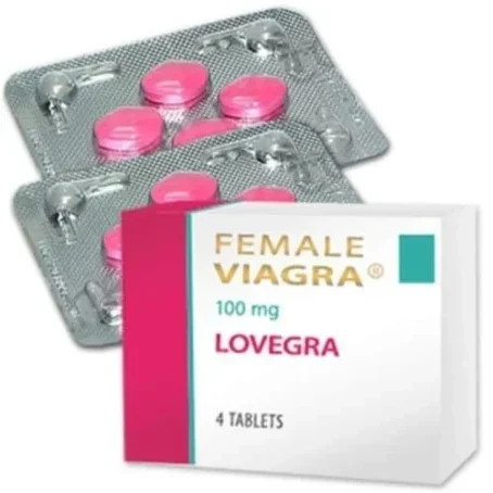 Lovegra 100mg productafbeelding met wit-roze verpakking en twee strips van vier roze pillen uit de verpakking - Sildenafil - Erectie-goedkoop.com