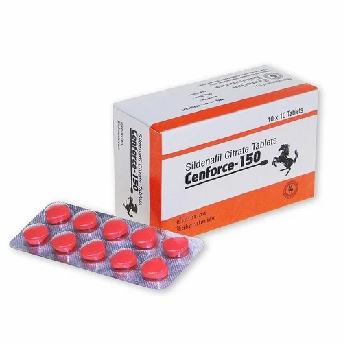 Cenforce 150mg productafbeelding met wit-oranje verpakking en strip van tien oranje pillen uit de verpakking - Sildenafil - Erectie-goedkoop.com