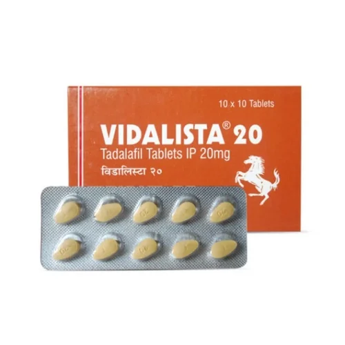 Vidalista 20mg productafbeelding met oranje verpakking en strip van tien pillen uit de verpakking - Voorzijde - Tadalafil - Erectie-goedkoop.com