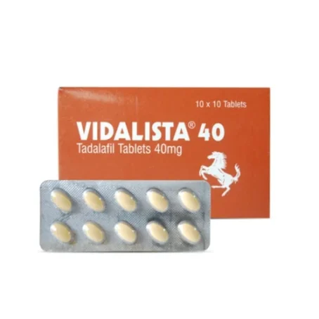 Vidalista 40mg productafbeelding met oranje verpakking en strip van tien pillen uit de verpakking - Tadalafil - Erectie-goedkoop.com